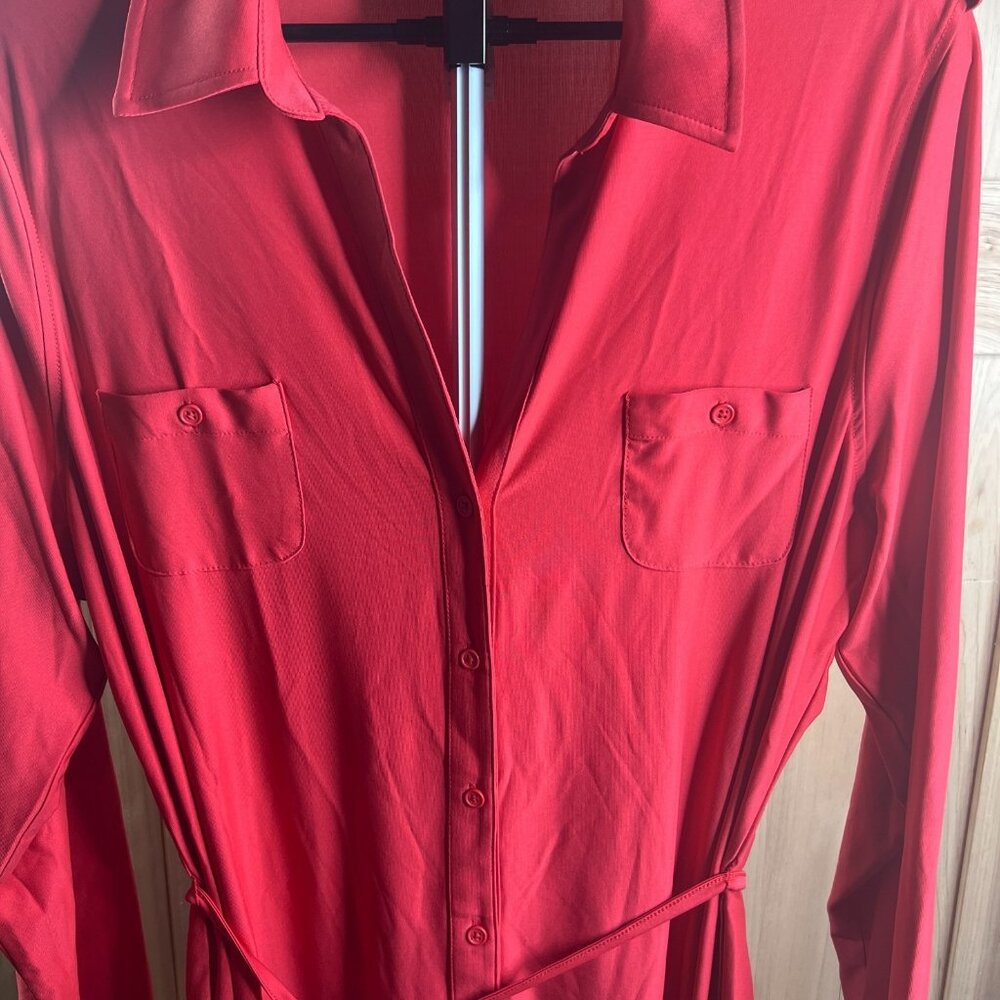 Womens Red Button Front Shirt Dress Belted Long Sleeve 1X Career Casual Stretchy - Picture 4 of 9